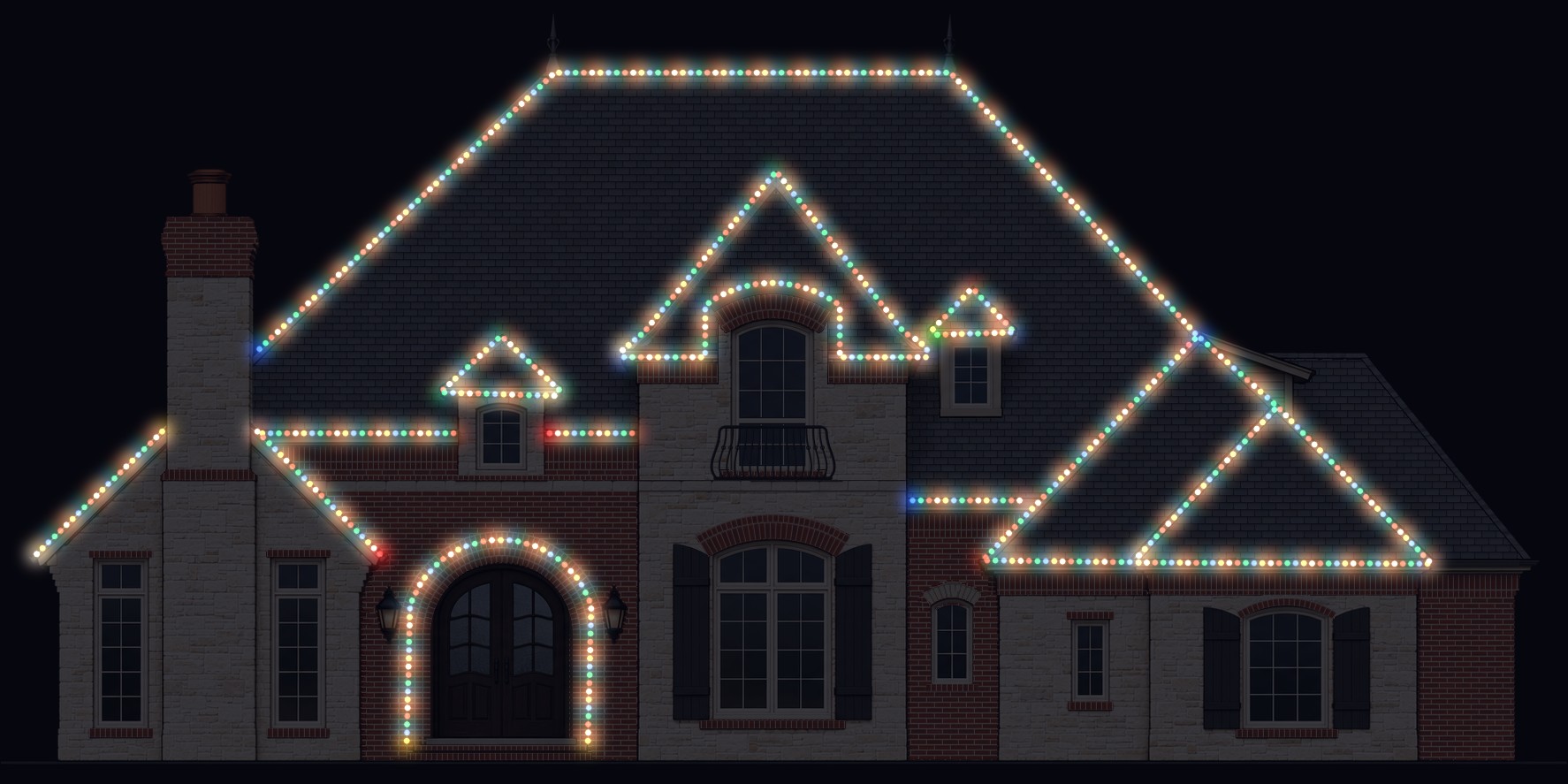 The house with its roofline lit